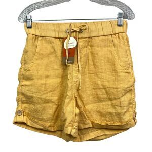 Mudo Women Linen Shorts Drawstring Elastic Waist Cuffed Hem Safran Yellow Sz 38*